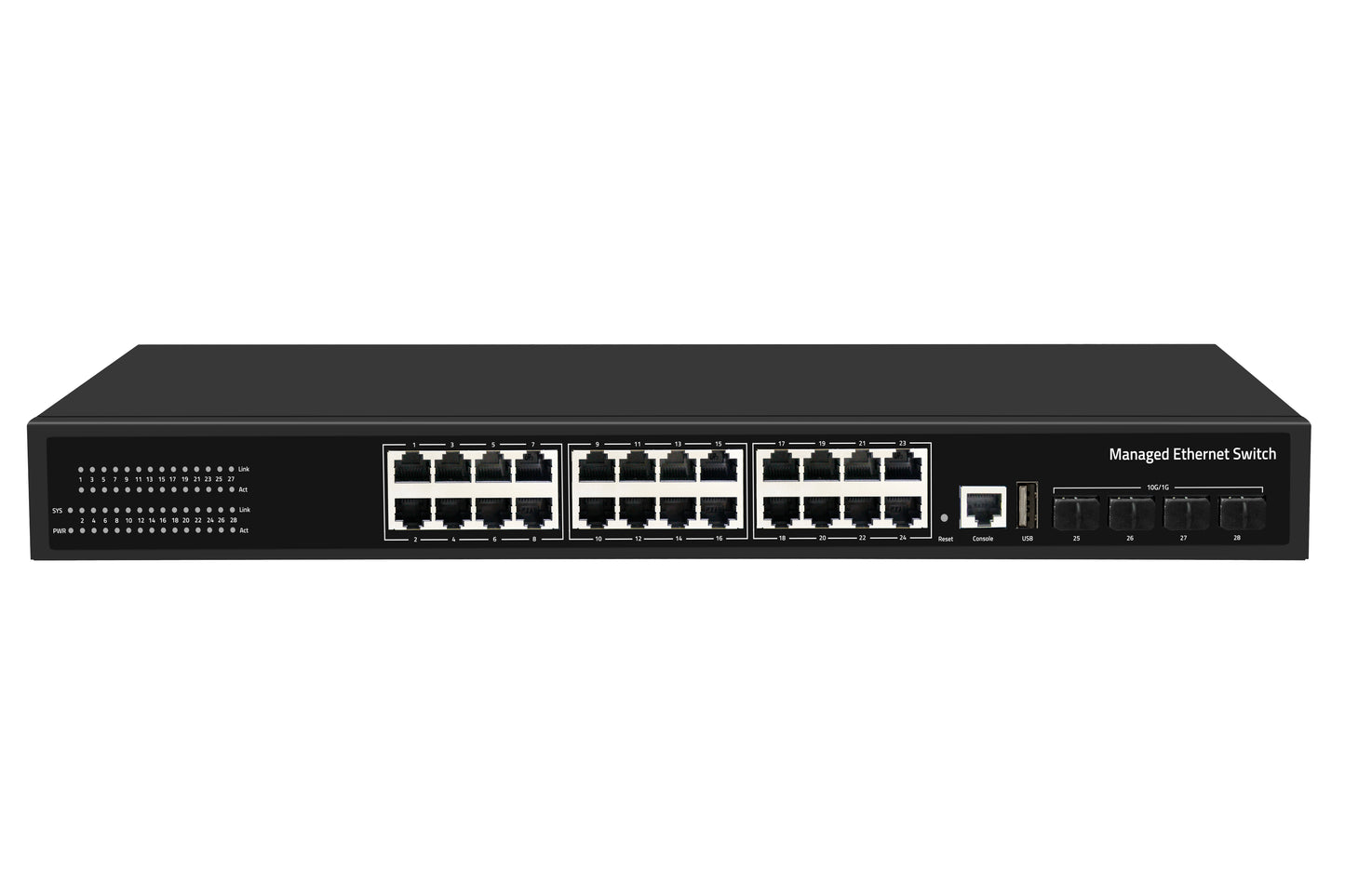 24-Port Gigabit Managed Ethernet Switch 10G SFP+ Uplink AC Powered CE Fanless