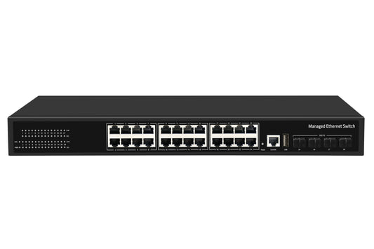 24-Port Gigabit Managed Ethernet Switch 10G SFP+ Uplink AC Powered CE Fanless
