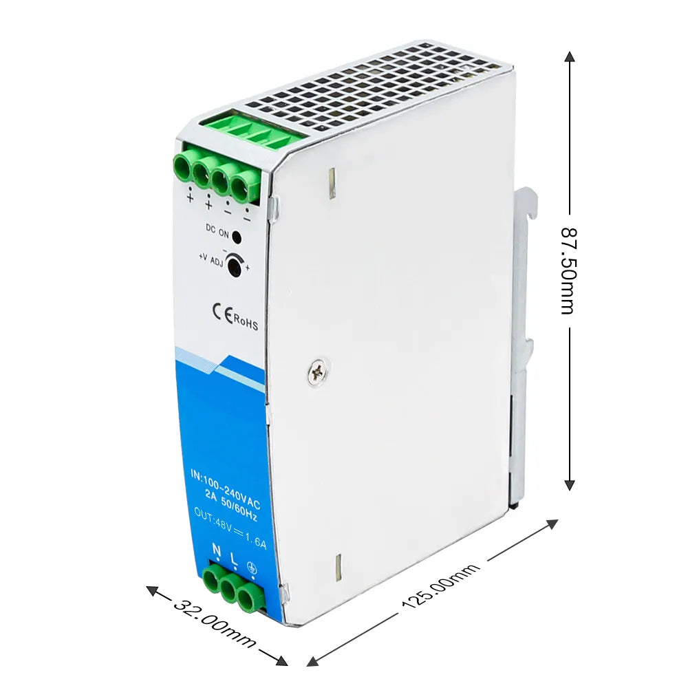 48V DIN Power Adapter 75W PSU 1.6A AC/DC Input Industrial Level -30~70°C CE UL